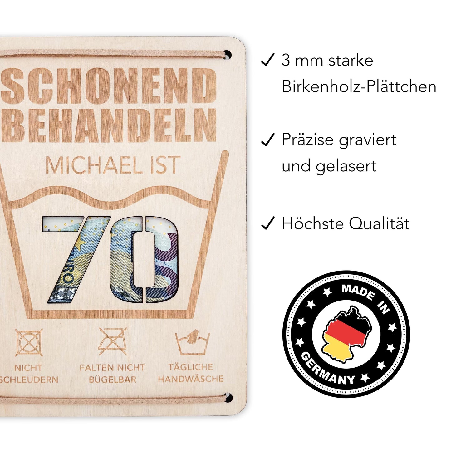 Schonend Behandeln 70. Geburtstag Geldgeschenk personalisiert Geldverpackung Verpackung Geld Geburtstagsgeschenk Geschenkkarte Holz 12x17 cm