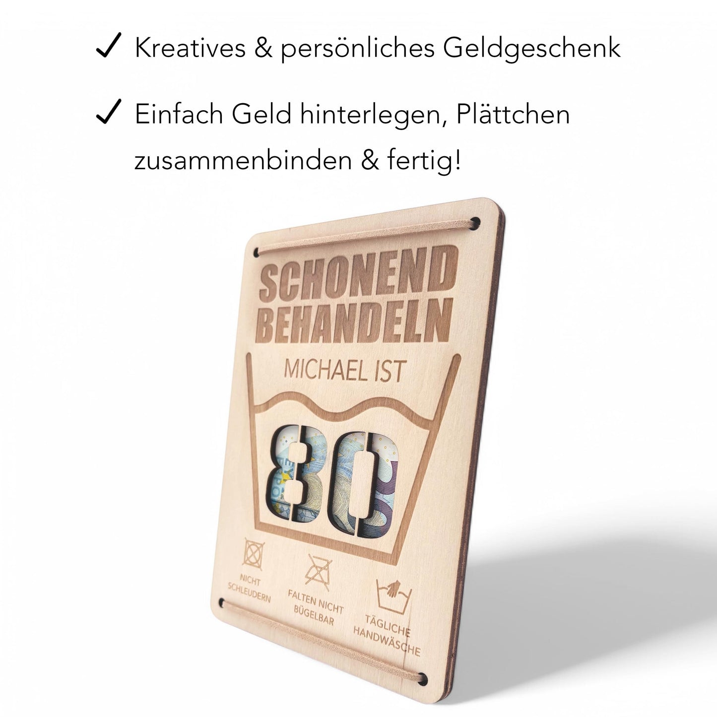 Schonend Behandeln 80. Geburtstag Geldgeschenk personalisiert Geldverpackung Verpackung Geld Geburtstagsgeschenk Geschenkkarte Holz 12x17 cm