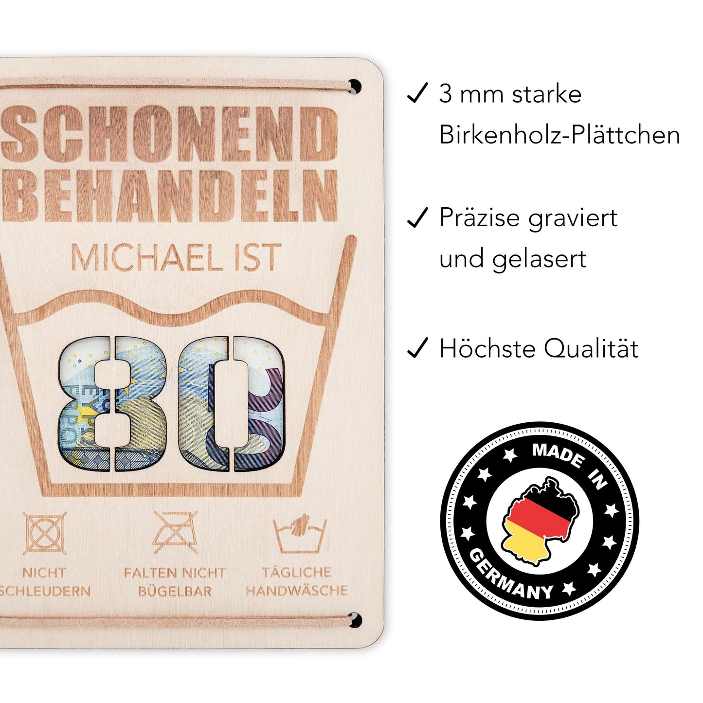 Schonend Behandeln 80. Geburtstag Geldgeschenk personalisiert Geldverpackung Verpackung Geld Geburtstagsgeschenk Geschenkkarte Holz 12x17 cm