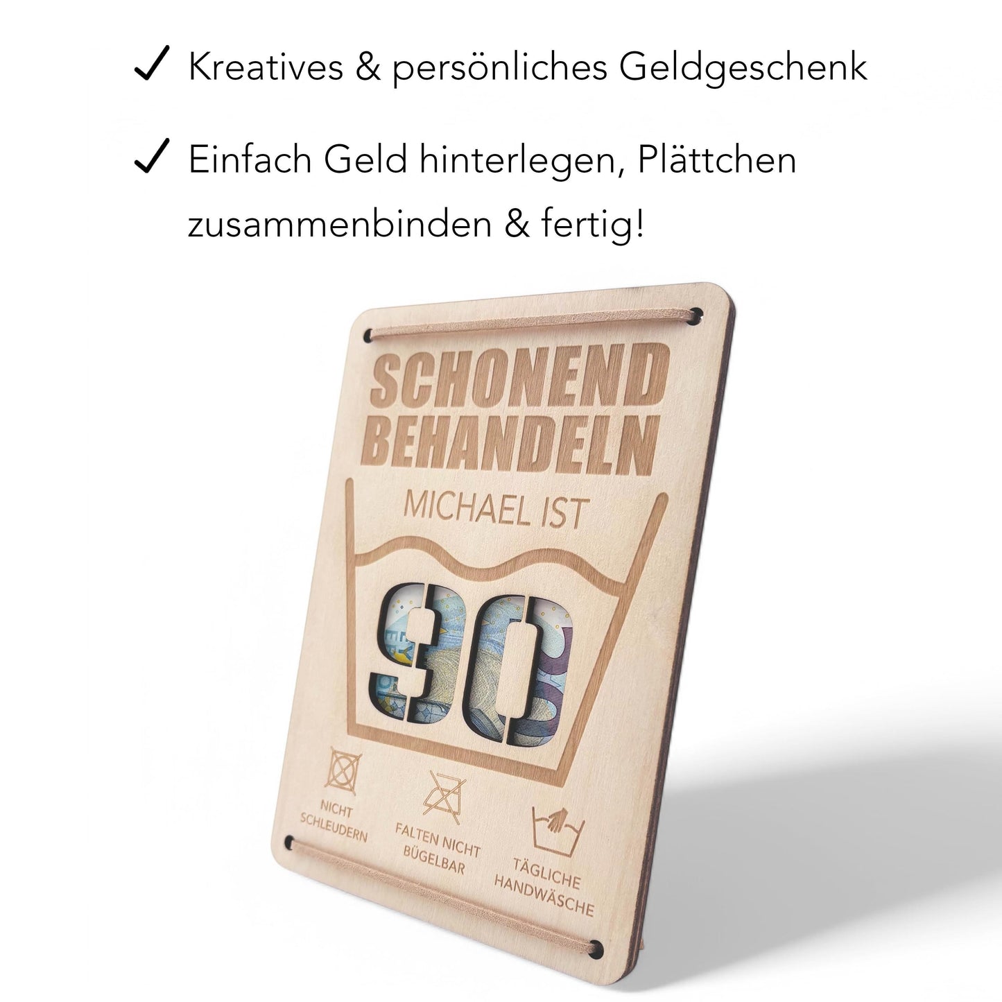 Schonend Behandeln 90. Geburtstag Geldgeschenk personalisiert Geldverpackung Verpackung Geld Geburtstagsgeschenk Geschenkkarte Holz 12x17 cm