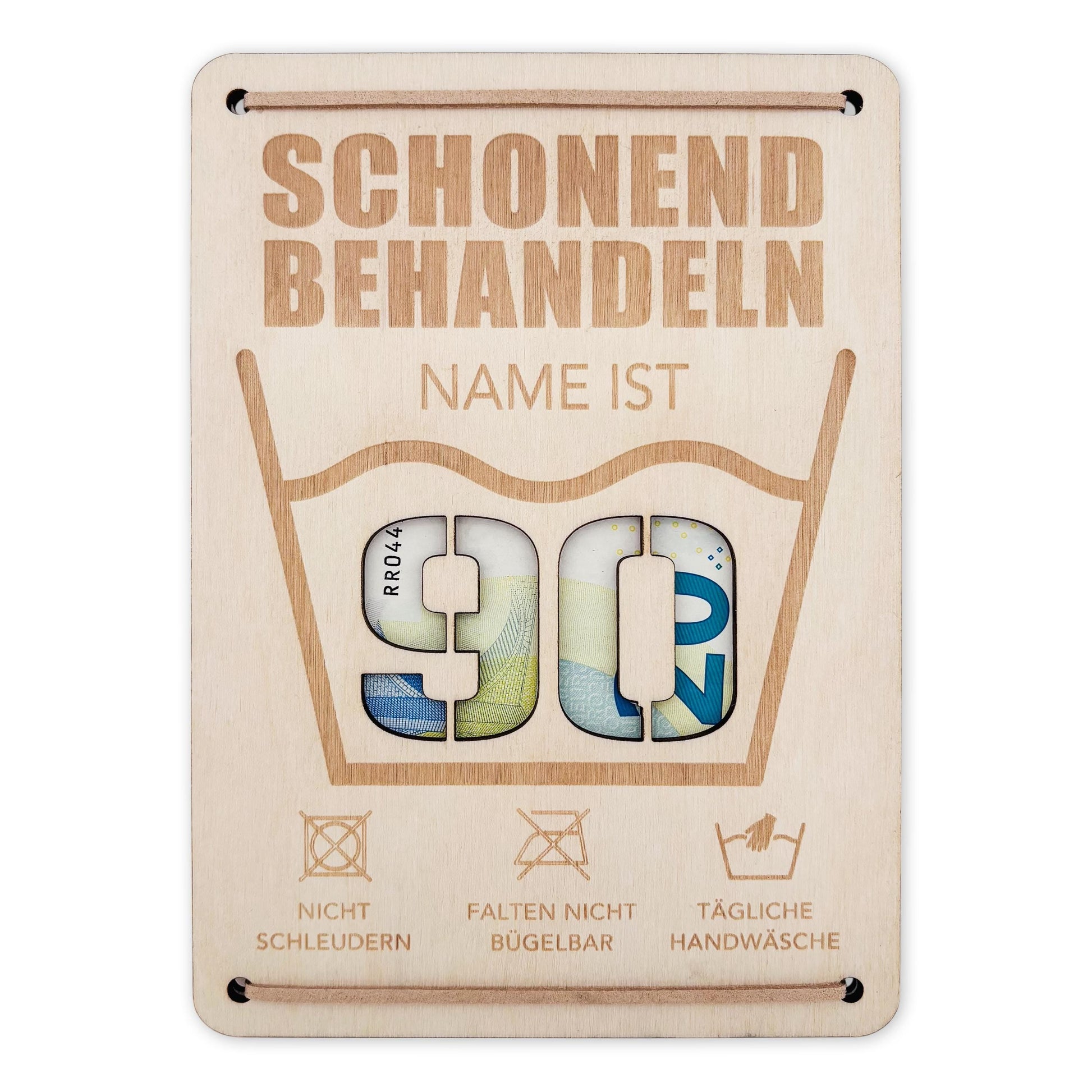 Schonend Behandeln 90. Geburtstag Geldgeschenk personalisiert Geldverpackung Verpackung Geld Geburtstagsgeschenk Geschenkkarte Holz 12x17 cm