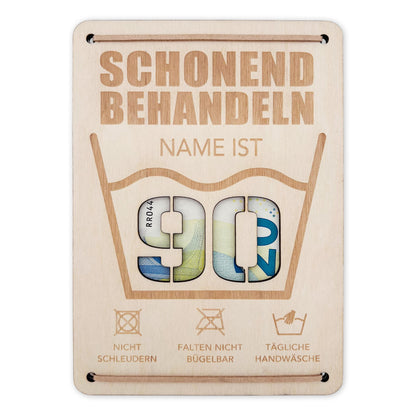 Schonend Behandeln 90. Geburtstag Geldgeschenk personalisiert Geldverpackung Verpackung Geld Geburtstagsgeschenk Geschenkkarte Holz 12x17 cm