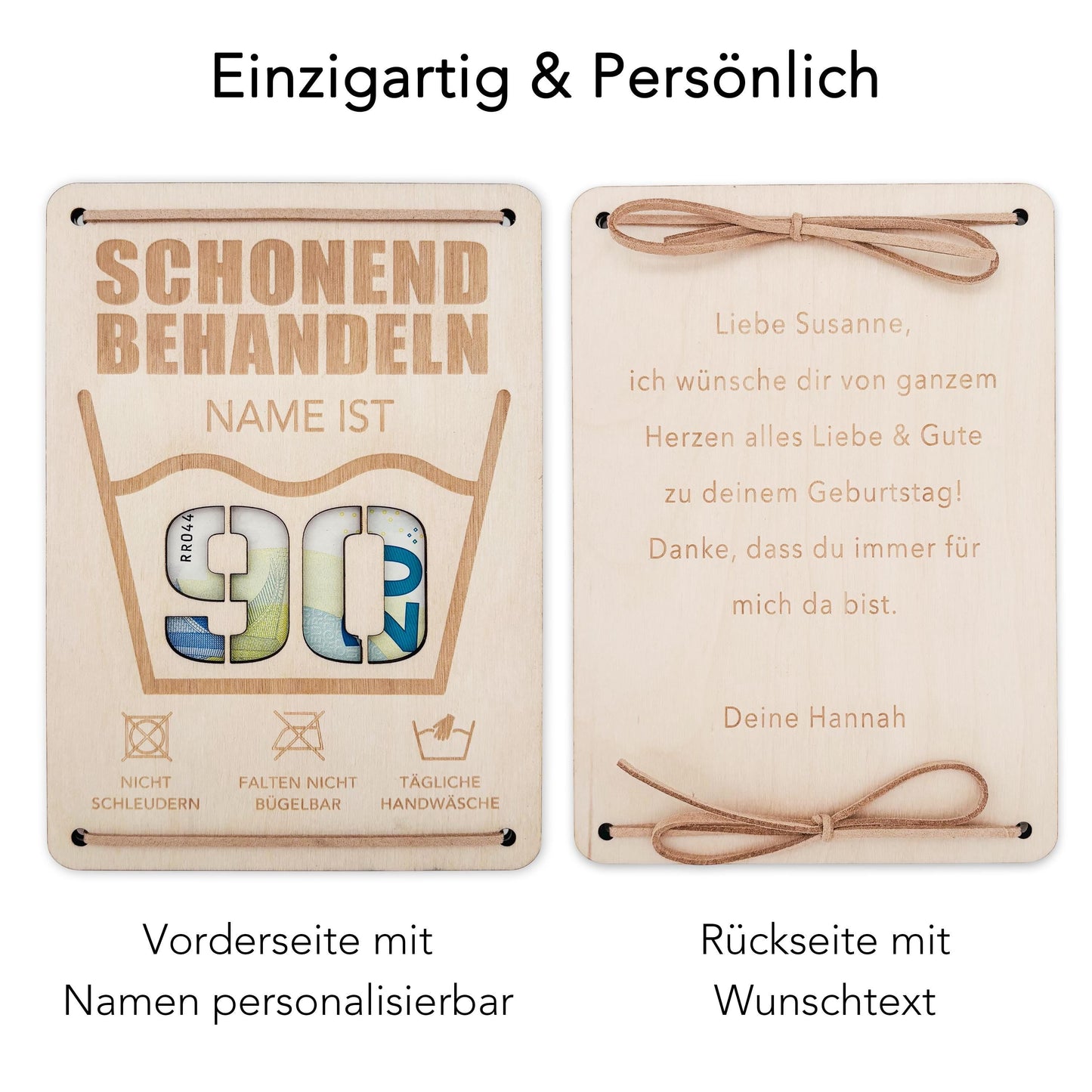 Schonend Behandeln 90. Geburtstag Geldgeschenk personalisiert Geldverpackung Verpackung Geld Geburtstagsgeschenk Geschenkkarte Holz 12x17 cm