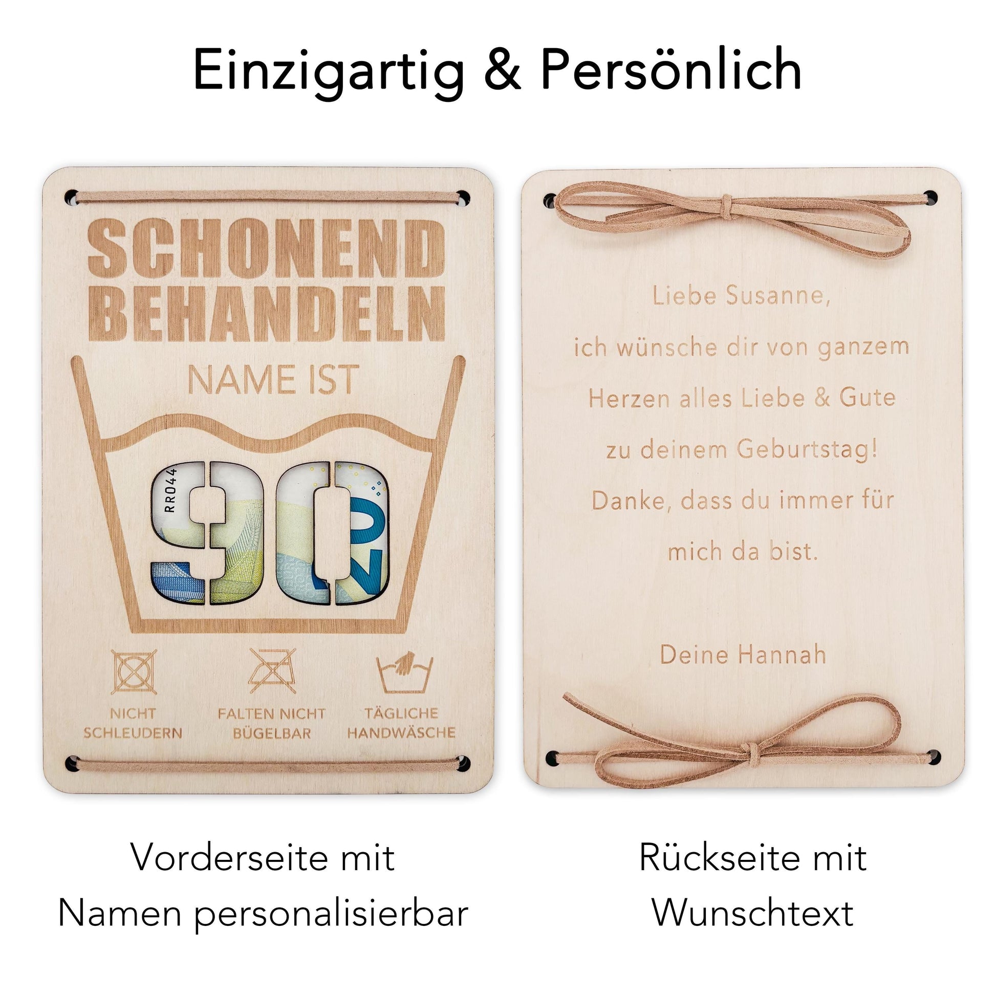 Schonend Behandeln 90. Geburtstag Geldgeschenk personalisiert Geldverpackung Verpackung Geld Geburtstagsgeschenk Geschenkkarte Holz 12x17 cm