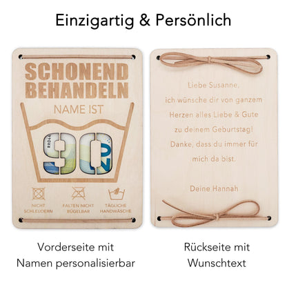 Schonend Behandeln 90. Geburtstag Geldgeschenk personalisiert Geldverpackung Verpackung Geld Geburtstagsgeschenk Geschenkkarte Holz 12x17 cm