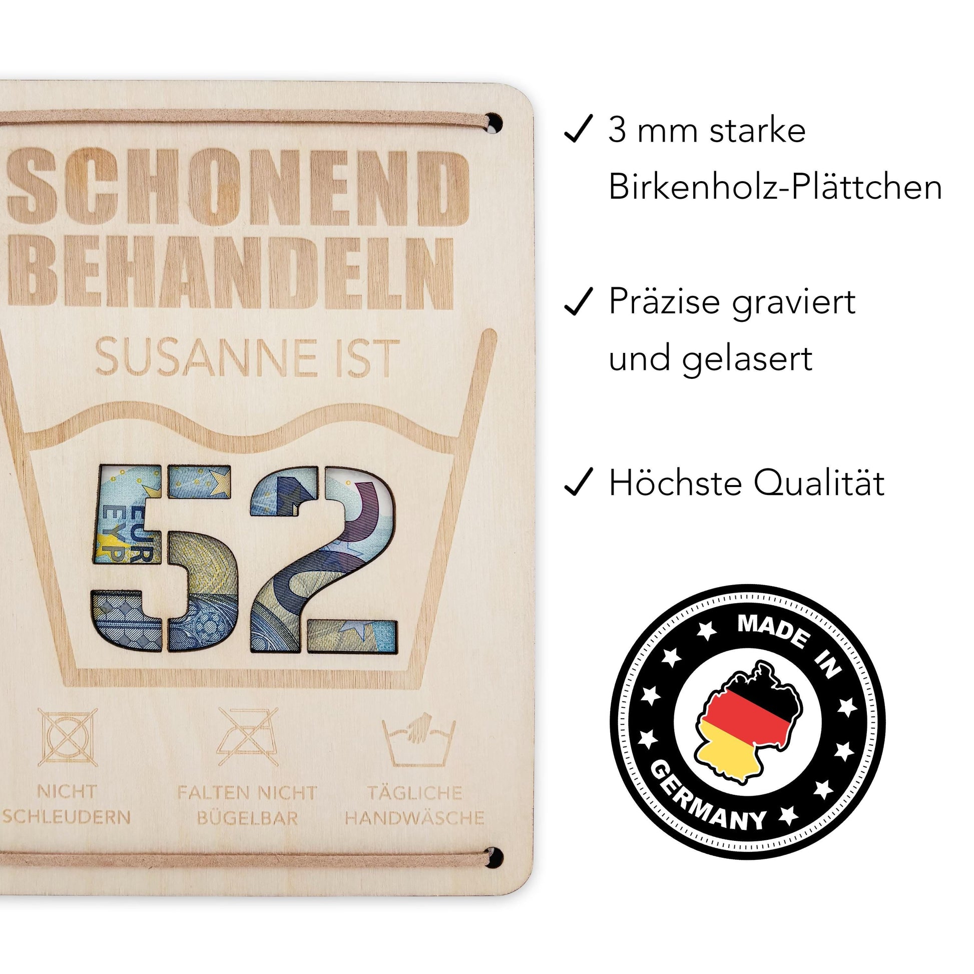 Schonend Behandeln Geburtstag Geldgeschenk personalisiert Geldverpackung Verpackung Geld Geburtstagsgeschenk Geschenkkarte Holz 12x17 cm