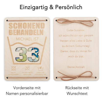 Schonend Behandeln Geburtstag Geldgeschenk personalisiert Geldverpackung Verpackung Geld Geburtstagsgeschenk Geschenkkarte Holz 12x17 cm