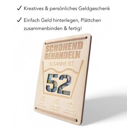 Schonend Behandeln Geburtstag Geldgeschenk personalisiert Geldverpackung Verpackung Geld Geburtstagsgeschenk Geschenkkarte Holz 12x17 cm