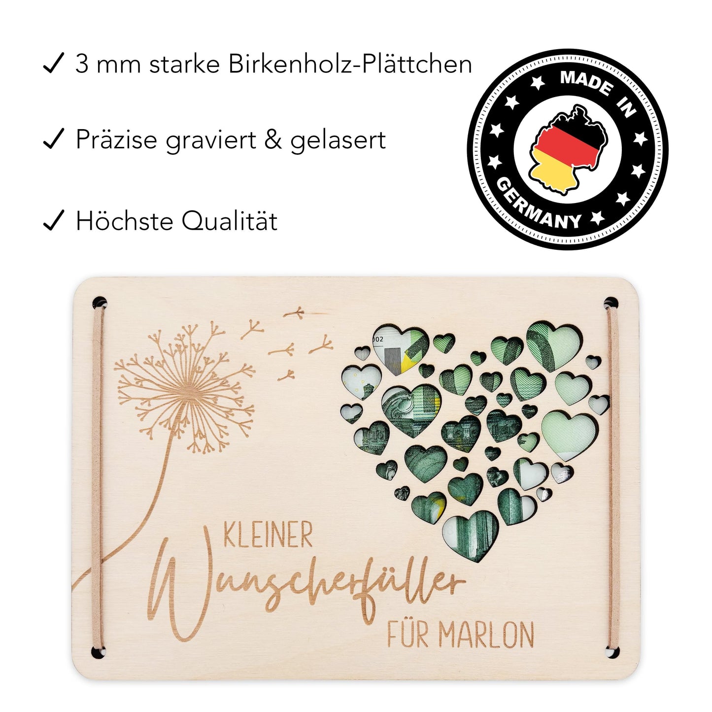 Wunscherfüller Geldgeschenk Geburtstag personalisierte Geld Verpackung Pusteblume Geldkarte Geschenkkarte aus Holz 12x17 cm