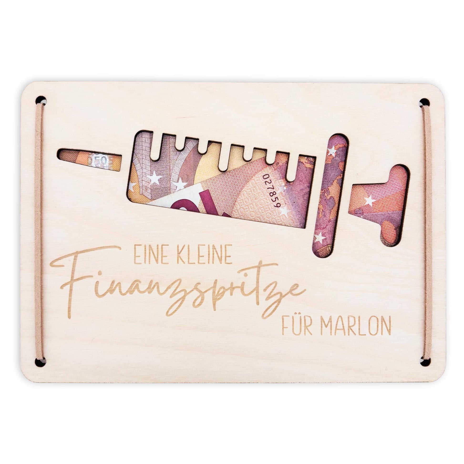 Finanzspritze Geldgeschenk personalisiert Wunscherfüller Geburtstag Jubiläum Geschenk Geld Geschenkverpackung Geschenkkarte Holz 12x17 cm