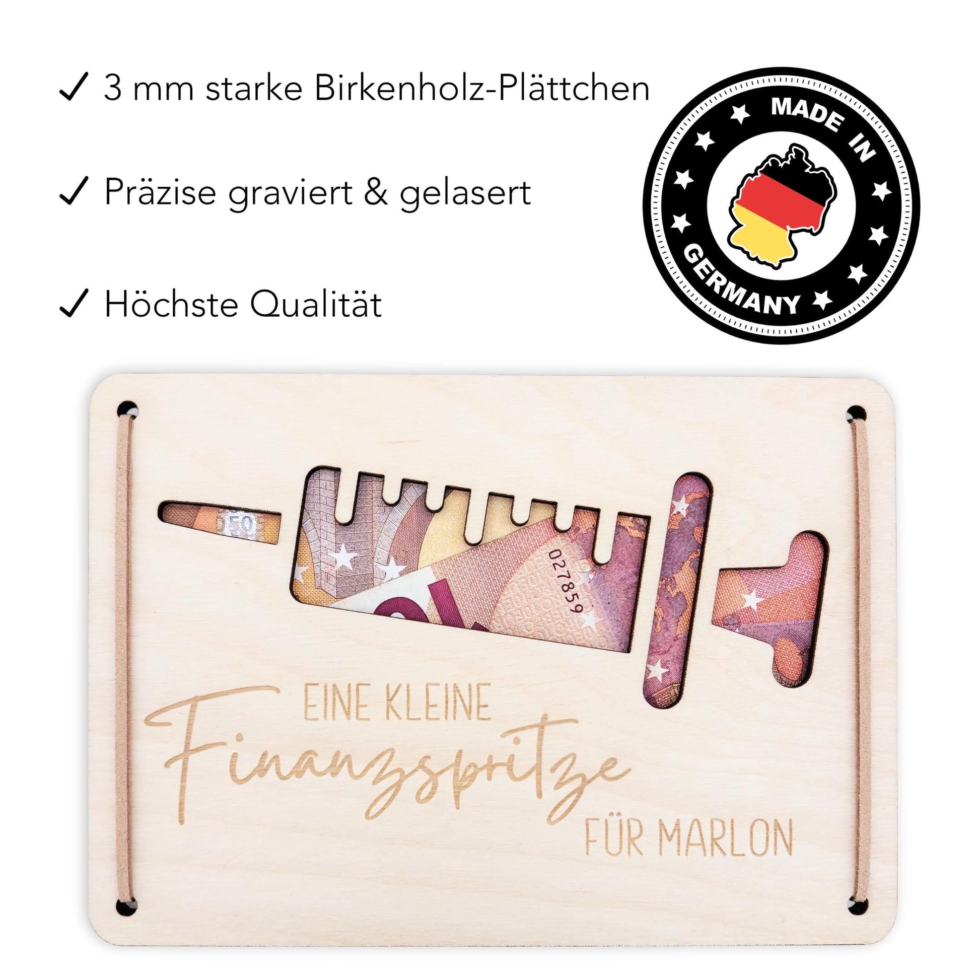Finanzspritze Geldgeschenk personalisiert Wunscherfüller Geburtstag Jubiläum Geschenk Geld Geschenkverpackung Geschenkkarte Holz 12x17 cm