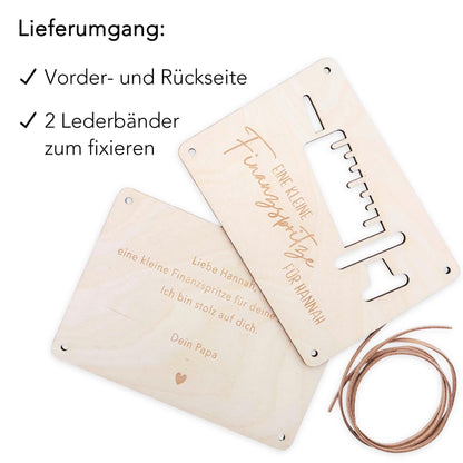 Finanzspritze Geldgeschenk personalisiert Wunscherfüller Geburtstag Jubiläum Geschenk Geld Geschenkverpackung Geschenkkarte Holz 12x17 cm