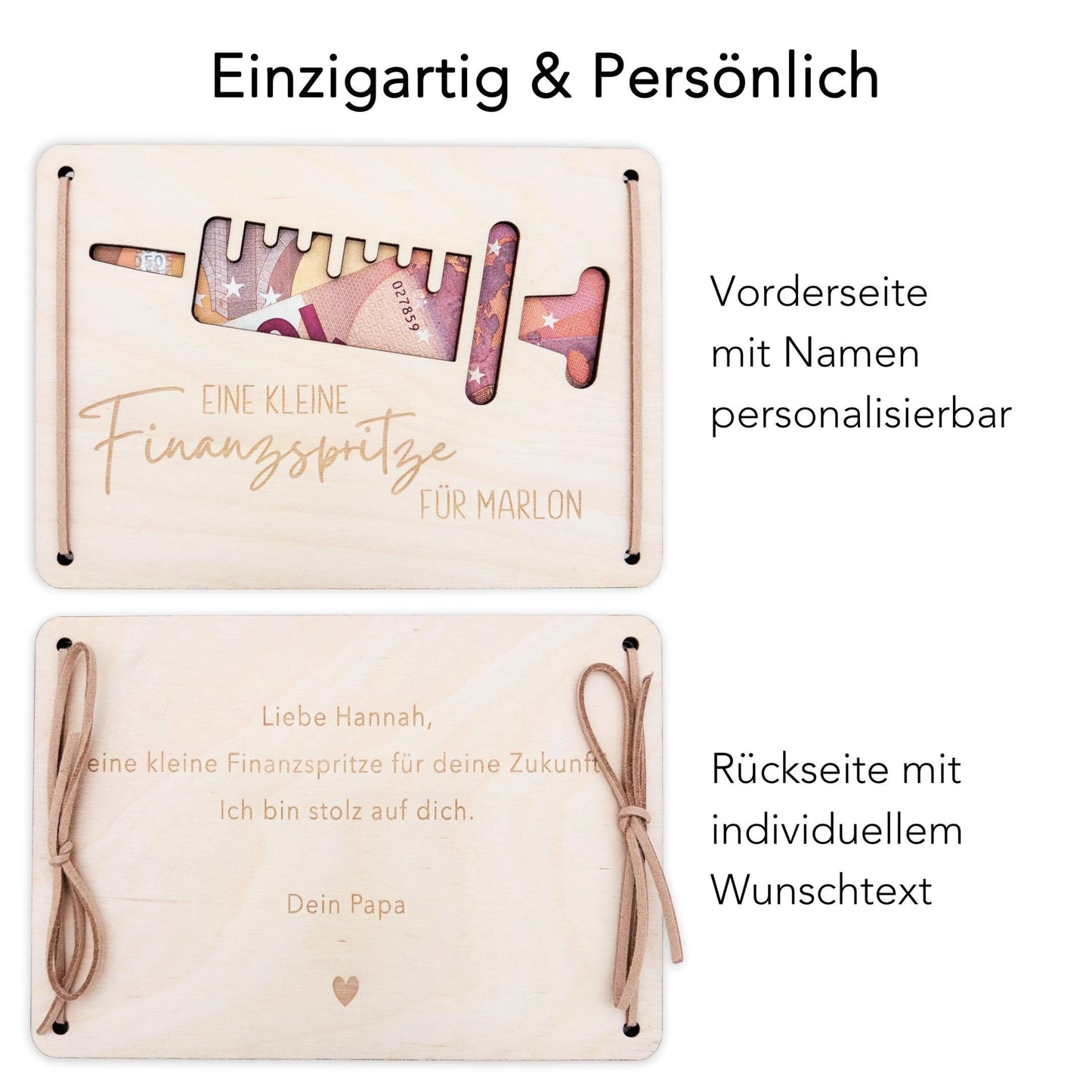 Finanzspritze Geldgeschenk personalisiert Wunscherfüller Geburtstag Jubiläum Geschenk Geld Geschenkverpackung Geschenkkarte Holz 12x17 cm