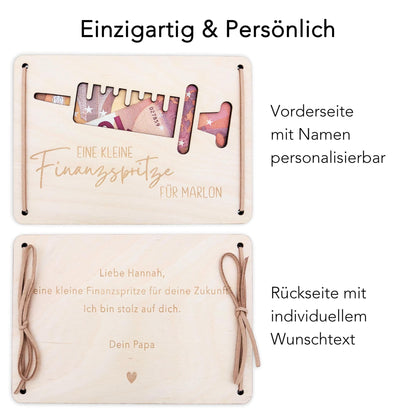 Finanzspritze Geldgeschenk personalisiert Wunscherfüller Geburtstag Jubiläum Geschenk Geld Geschenkverpackung Geschenkkarte Holz 12x17 cm
