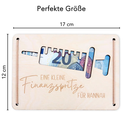 Finanzspritze Geldgeschenk personalisiert Wunscherfüller Geburtstag Jubiläum Geschenk Geld Geschenkverpackung Geschenkkarte Holz 12x17 cm