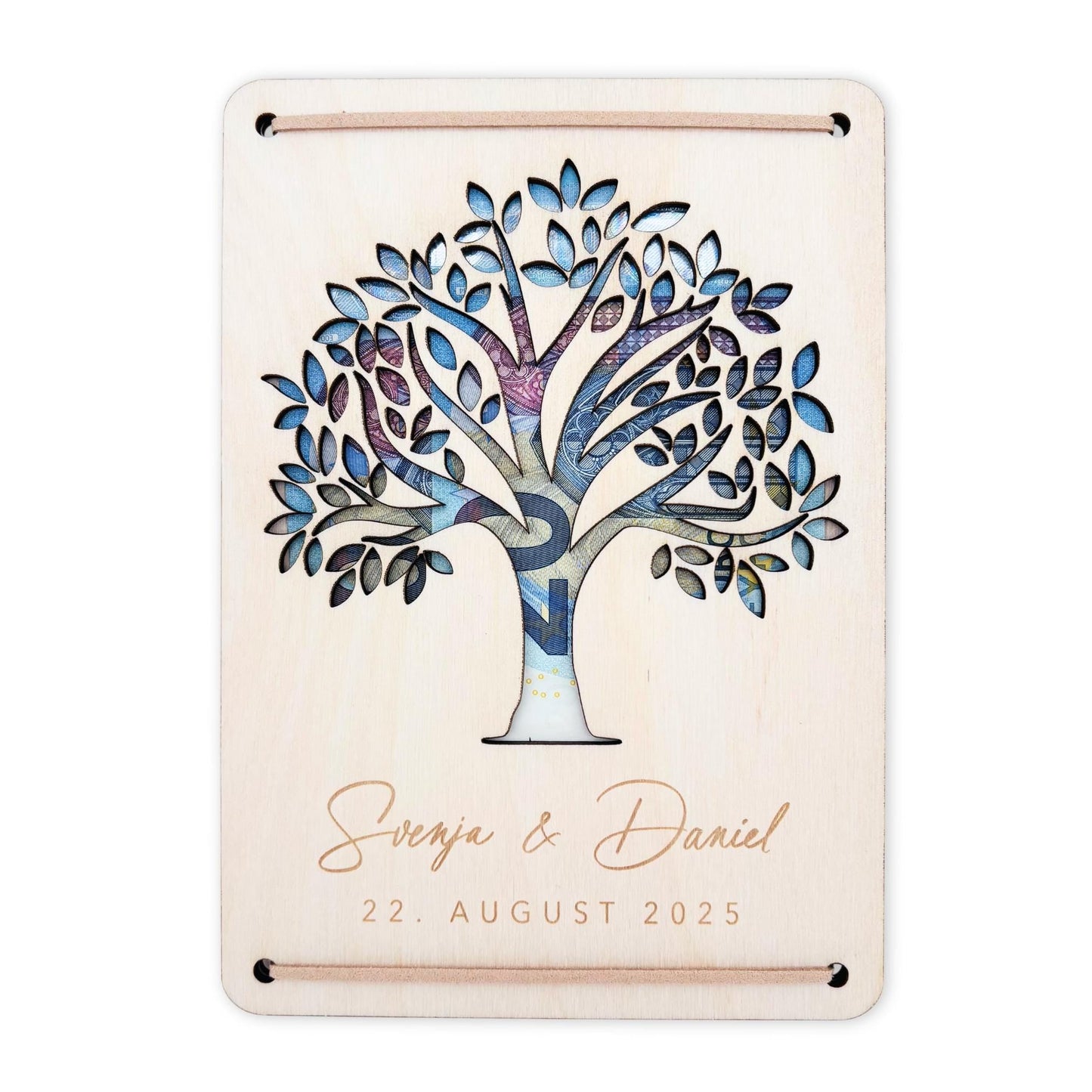 Geldbaum Hochzeit personalisiertes Geldgeschenk Hochzeit Hochzeitsgeschenk für Brautpaar Geld Geschenk Geschenkkarte aus Holz 12x17 cm