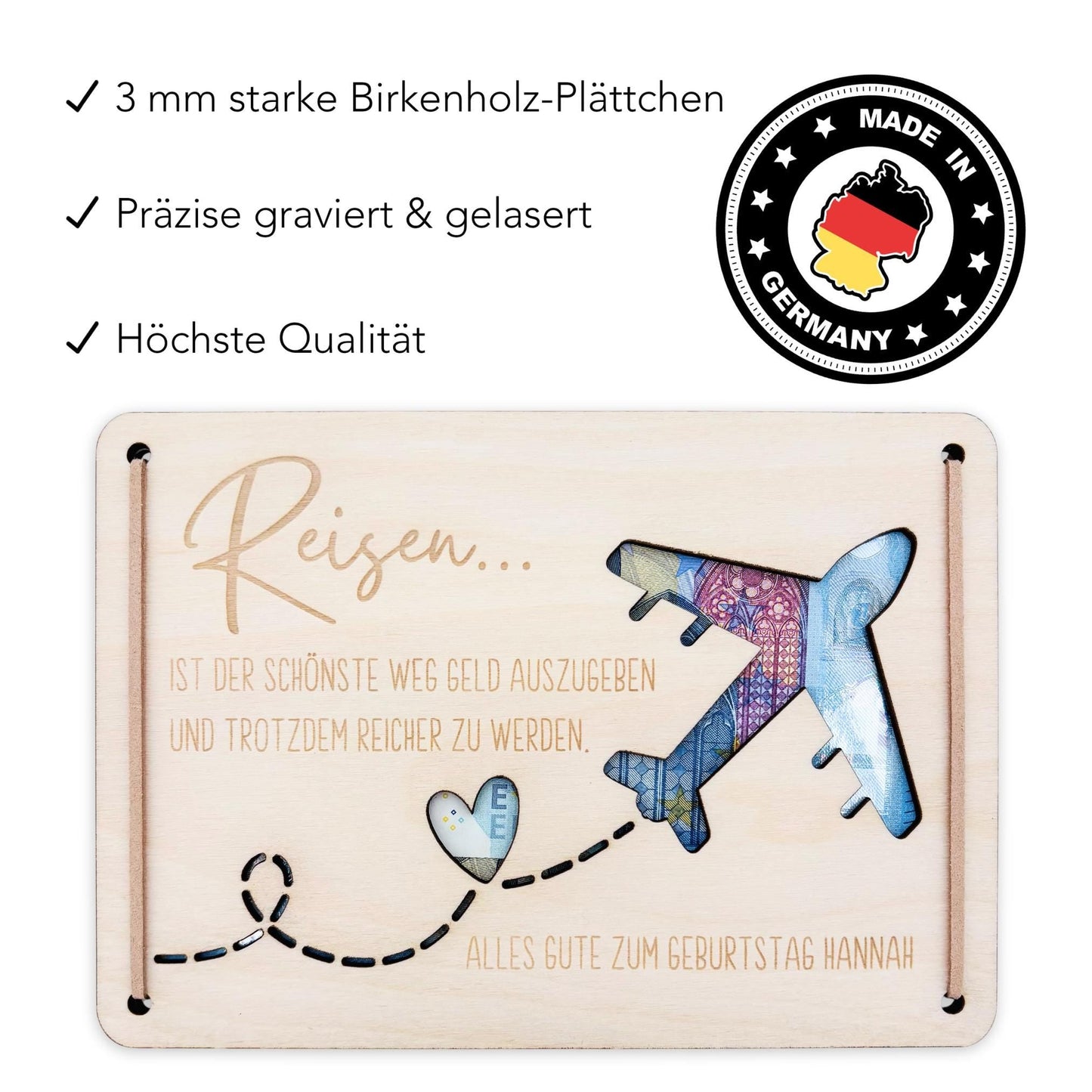 Geldgeschenk Reise Geschenk Reisegutschein Geburtstag personalisierte Geld Verpackung Urlaub Reisekasse Geschenkkarte aus Holz 12x17 cm