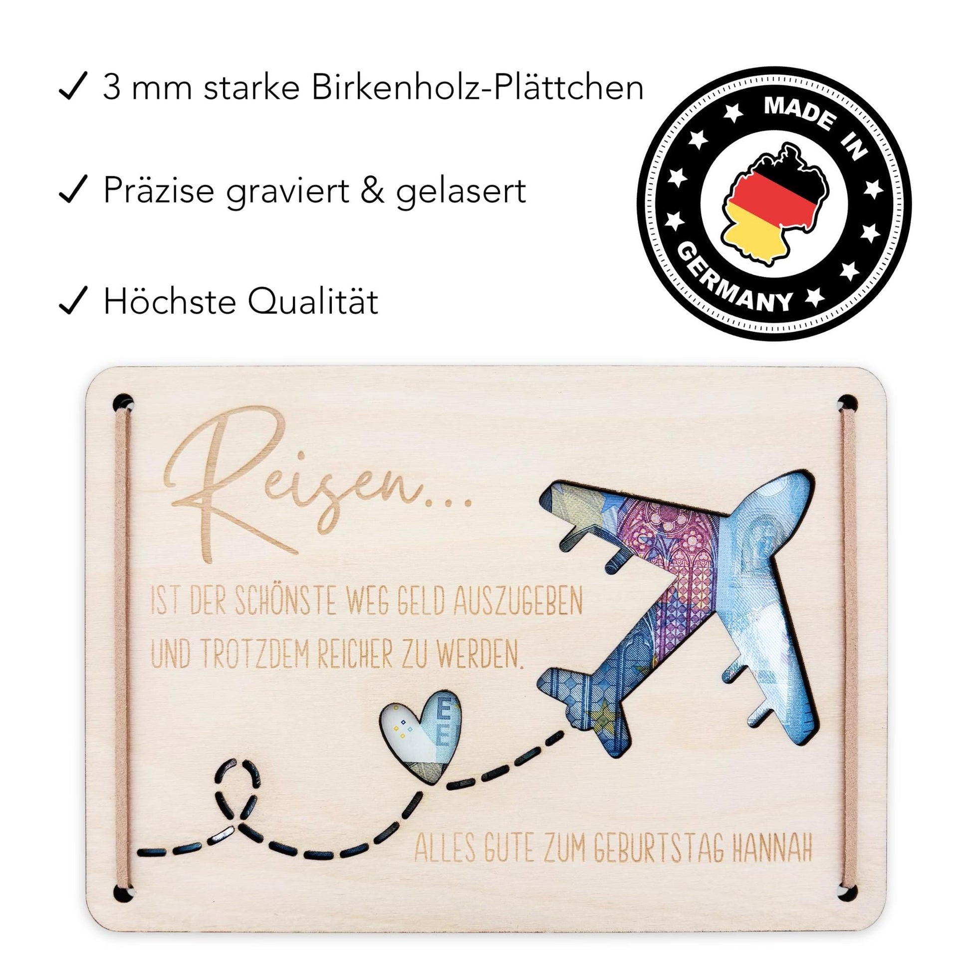 Geldgeschenk Reise Geschenk Reisegutschein Geburtstag personalisierte Geld Verpackung Urlaub Reisekasse Geschenkkarte aus Holz 12x17 cm