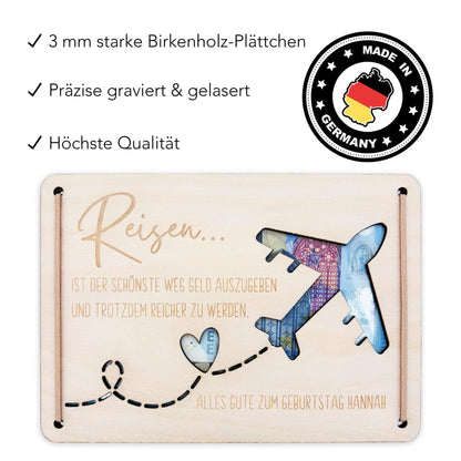 Geldgeschenk Reise Geschenk Reisegutschein Geburtstag personalisierte Geld Verpackung Urlaub Reisekasse Geschenkkarte aus Holz 12x17 cm