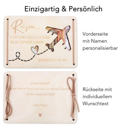 Geldgeschenk Reise Geschenk Reisegutschein Geburtstag personalisierte Geld Verpackung Urlaub Reisekasse Geschenkkarte aus Holz 12x17 cm