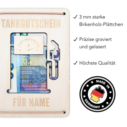 Tankgutschein Geschenk Geldgeschenk Tanken Geburtstag personalisierte Geld Verpackung Spritgeld Geschenkkarte Holz 12x17 cm