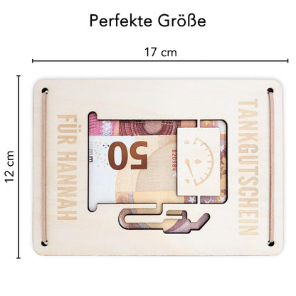 Tankgutschein Geschenk Geldgeschenk Tanken Geburtstag personalisierte Geld Verpackung Spritgeld Geschenkkarte Holz 12x17 cm