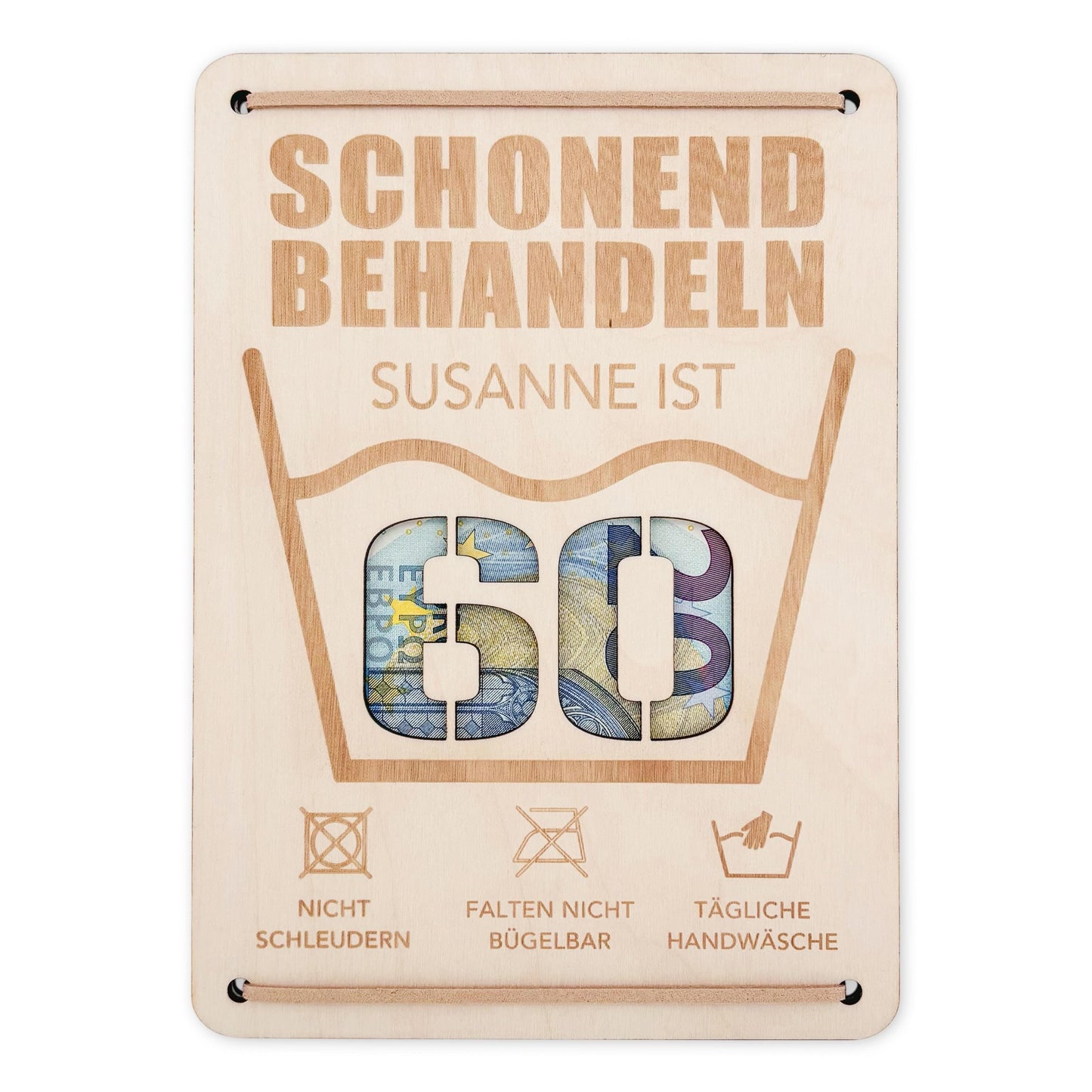 Schonend Behandeln 60. Geburtstag Geldgeschenk personalisiert Geldverpackung Verpackung Geld Geburtstagsgeschenk Geschenkkarte Holz 12x17 cm