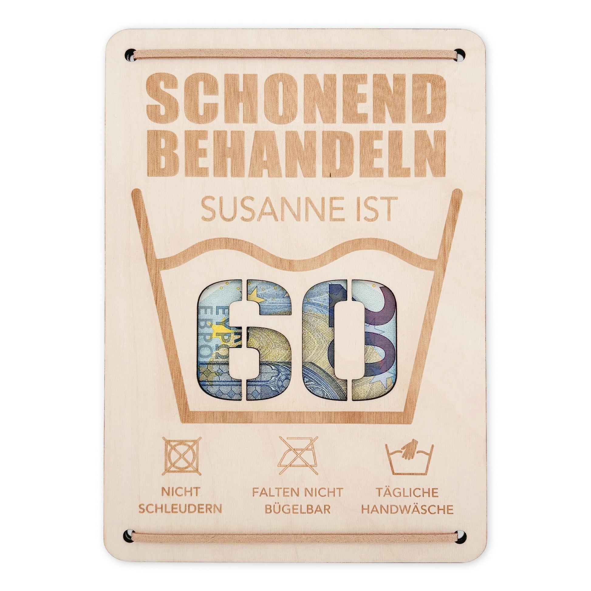 Schonend Behandeln 60. Geburtstag Geldgeschenk personalisiert Geldverpackung Verpackung Geld Geburtstagsgeschenk Geschenkkarte Holz 12x17 cm