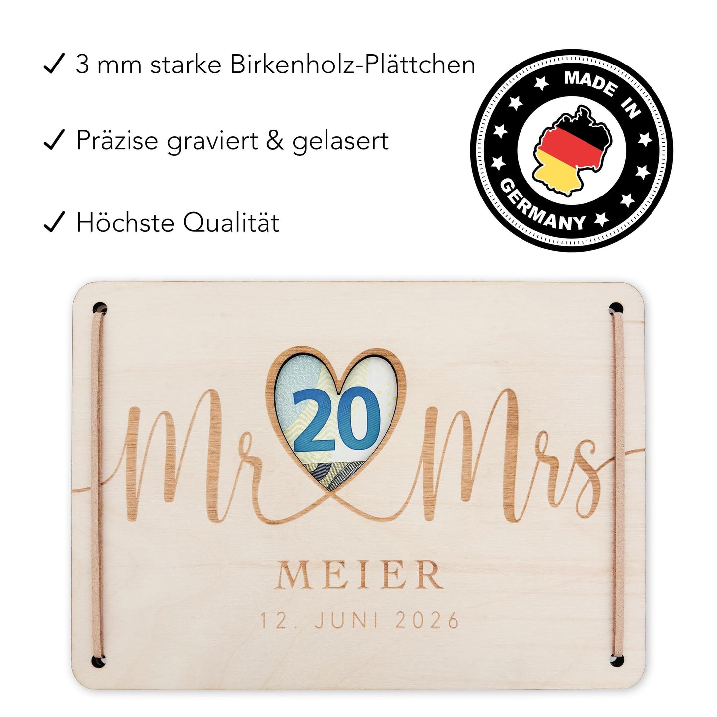 Hochzeitsgeschenk Geld Geldgeschenke Verpackung Hochzeit personalisiertes Hochzeitsgeschenk Brautpaar Geschenk Karte aus Holz 12x17 cm