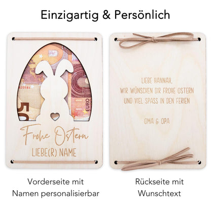 Geldgeschenk Ostern personalisiertes Ostergeschenk Kinder Geld Verpackung Osterkarte Geschenkkarte aus Holz 12x17 cm