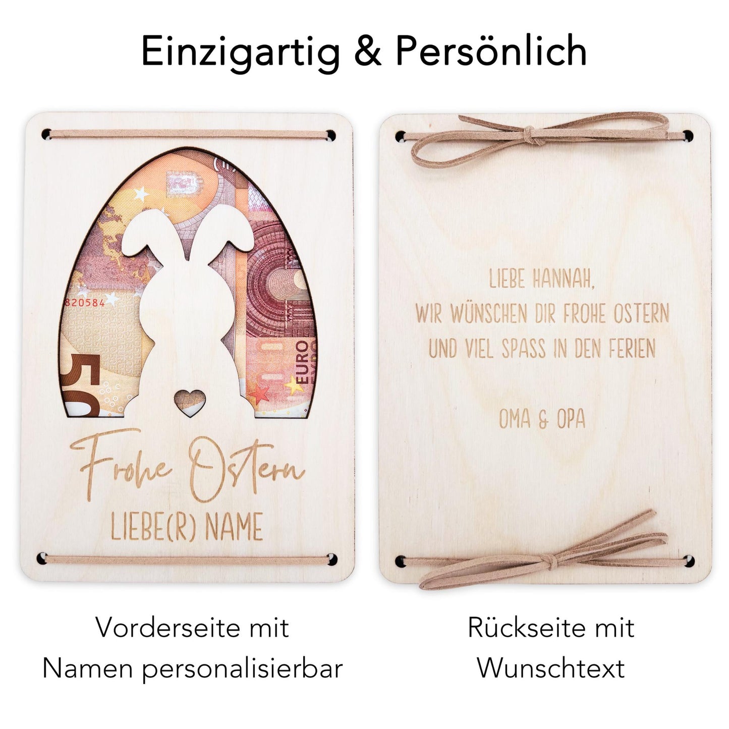 Geldgeschenk Ostern personalisiertes Ostergeschenk Kinder Geld Verpackung Osterkarte Geschenkkarte aus Holz 12x17 cm