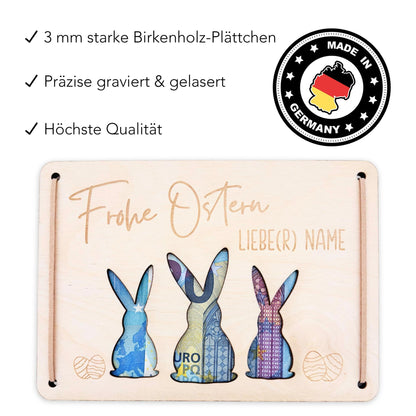 Geldgeschenk Ostern personalisiertes Ostergeschenk Kinder Geld Verpackung Osterkarte Geschenkkarte aus Holz 12x17 cm