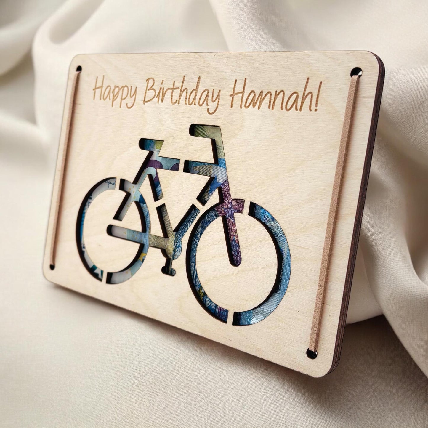 Geldgeschenk Fahrrad Geburtstag Wunscherfüller personalisierte Geldkarte Geld Verpackung Geburtstagskarte Geschenkkarte aus Holz 12x17 cm