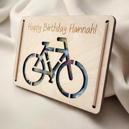 Geldgeschenk Fahrrad Geburtstag Wunscherfüller personalisierte Geldkarte Geld Verpackung Geburtstagskarte Geschenkkarte aus Holz 12x17 cm