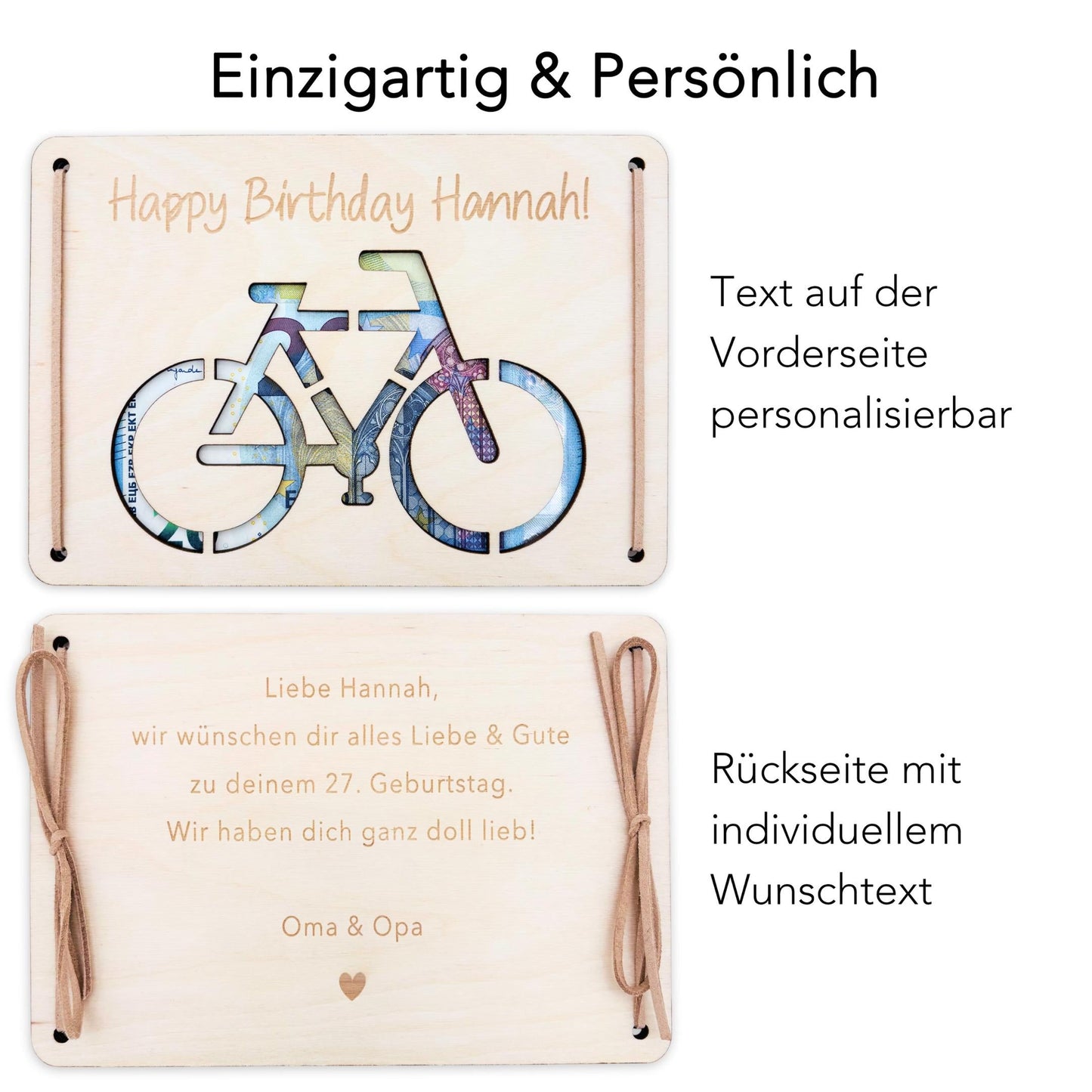 Geldgeschenk Fahrrad Geburtstag Wunscherfüller personalisierte Geldkarte Geld Verpackung Geburtstagskarte Geschenkkarte aus Holz 12x17 cm