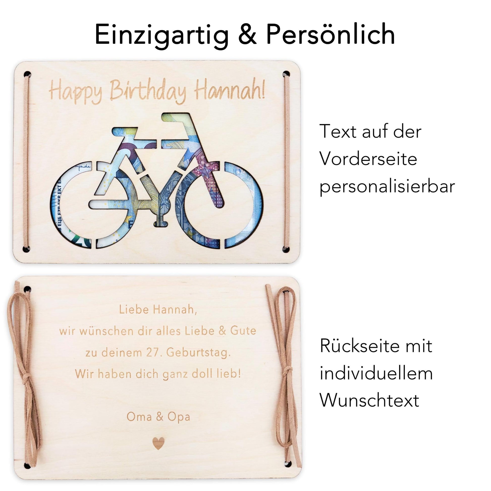 Geldgeschenk Fahrrad Geburtstag Wunscherfüller personalisierte Geldkarte Geld Verpackung Geburtstagskarte Geschenkkarte aus Holz 12x17 cm