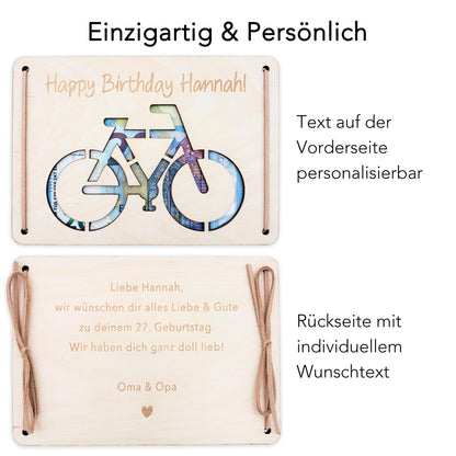 Geldgeschenk Fahrrad Geburtstag Wunscherfüller personalisierte Geldkarte Geld Verpackung Geburtstagskarte Geschenkkarte aus Holz 12x17 cm