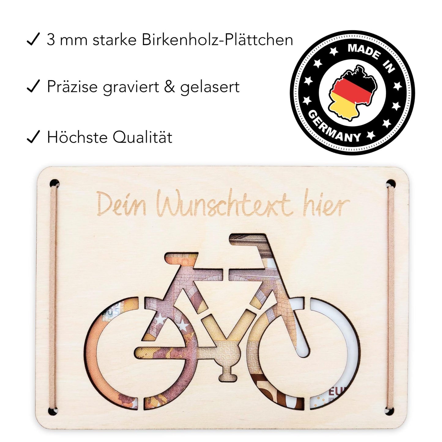 Geldgeschenk Fahrrad Geburtstag Wunscherfüller personalisierte Geldkarte Geld Verpackung Geburtstagskarte Geschenkkarte aus Holz 12x17 cm