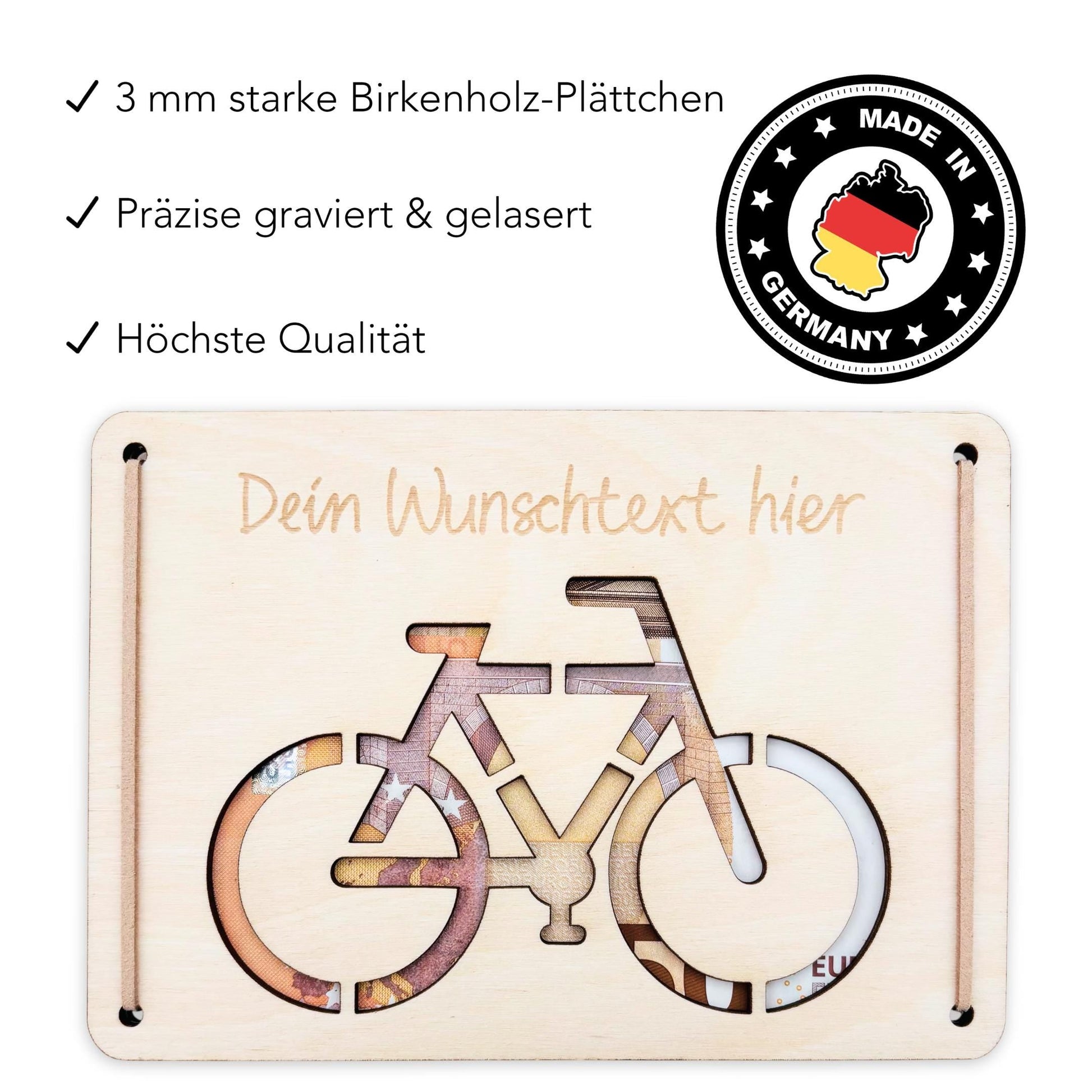 Geldgeschenk Fahrrad Geburtstag Wunscherfüller personalisierte Geldkarte Geld Verpackung Geburtstagskarte Geschenkkarte aus Holz 12x17 cm