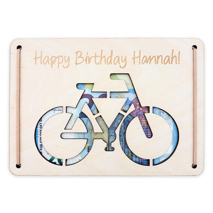 Geldgeschenk Fahrrad Geburtstag Wunscherfüller personalisierte Geldkarte Geld Verpackung Geburtstagskarte Geschenkkarte aus Holz 12x17 cm