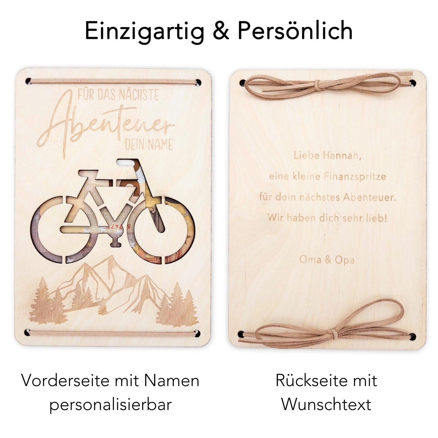 Geldgeschenk Fahrrad Geburtstag Wunscherfüller personalisierte Geldkarte Geld Verpackung Geburtstagskarte Geschenkkarte aus Holz 12x17 cm