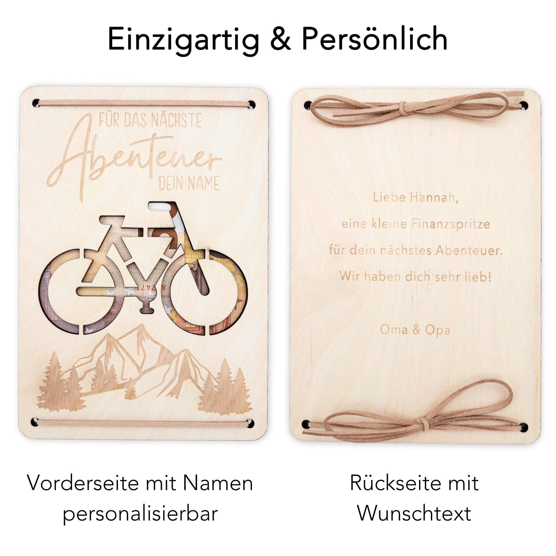 Geldgeschenk Fahrrad Geburtstag Wunscherfüller personalisierte Geldkarte Geld Verpackung Geburtstagskarte Geschenkkarte aus Holz 12x17 cm