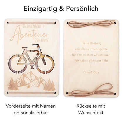 Geldgeschenk Fahrrad Geburtstag Wunscherfüller personalisierte Geldkarte Geld Verpackung Geburtstagskarte Geschenkkarte aus Holz 12x17 cm