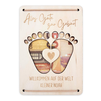 Geldgeschenk Geburt Baby personalisierte Geld Verpackung Geburtstagsgeschenk Jungen Mädchen Geschenkkarte aus Holz 12x17 cm