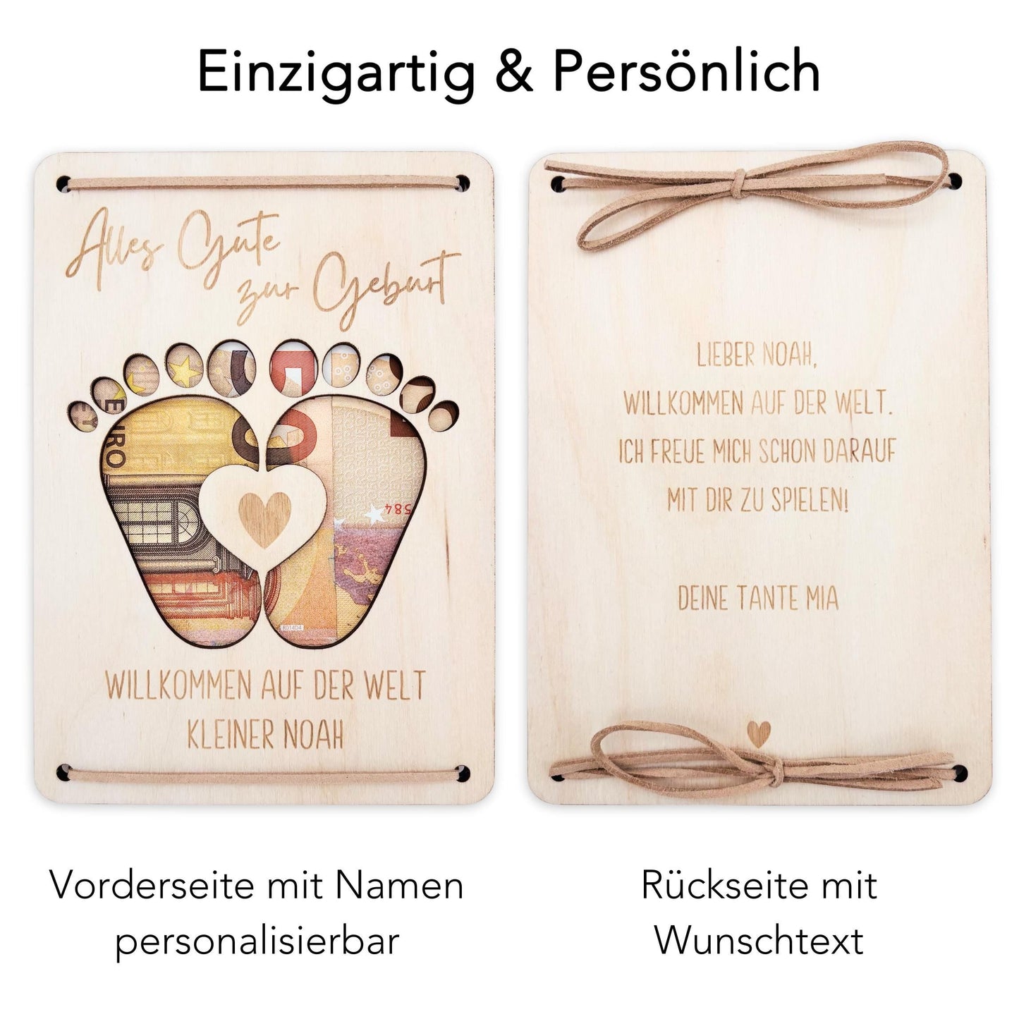 Geldgeschenk Geburt Baby personalisierte Geld Verpackung Geburtstagsgeschenk Jungen Mädchen Geschenkkarte aus Holz 12x17 cm