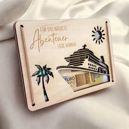 Kreuzfahrt Geldgeschenk Reise Schiffsreise personalisierte Geld Verpackung Urlaub Reisegutschein Reisekasse Geschenkkarte aus Holz 12x17