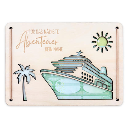 Kreuzfahrt Geldgeschenk Reise Schiffsreise personalisierte Geld Verpackung Urlaub Reisegutschein Reisekasse Geschenkkarte aus Holz 12x17