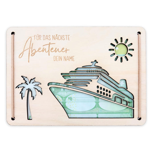 Kreuzfahrt Geldgeschenk Reise Schiffsreise personalisierte Geld Verpackung Urlaub Reisegutschein Reisekasse Geschenkkarte aus Holz 12x17