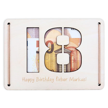 Geldgeschenk 18. Geburtstag personalisierte Geburtstagskarte Geldverpackung Verpackung Geld Geburtstagsgeschenk Geschenkkarte Holz 12x17 cm