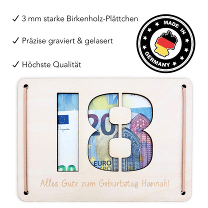 Geldgeschenk 18. Geburtstag personalisierte Geburtstagskarte Geldverpackung Verpackung Geld Geburtstagsgeschenk Geschenkkarte Holz 12x17 cm